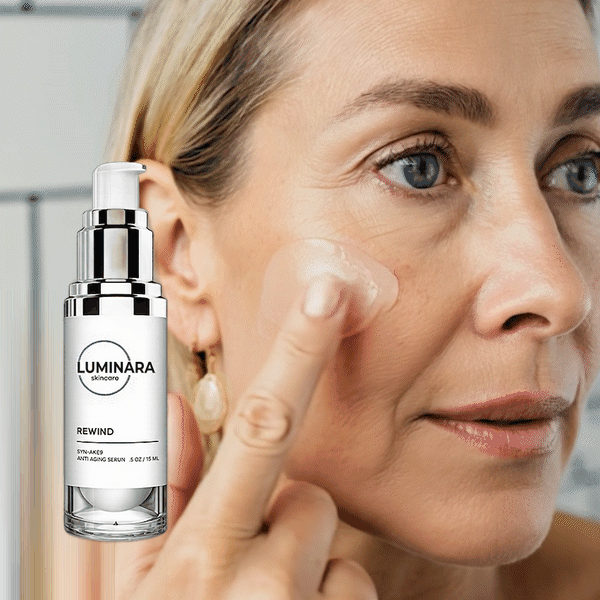 Applying Luminara Skincare Rewind serum on face.