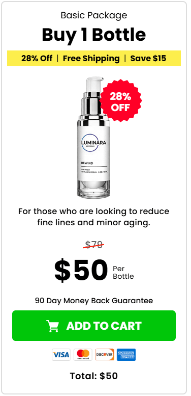 Luminara Skincare Rewind 30-day supply anti-aging serum bottle USA
