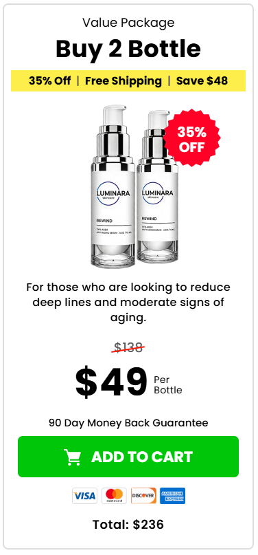 Luminara Skincare Rewind 90-day supply anti-aging serum bottle
