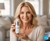 Verified Luminara Skincare Rewind customer holding serum bottle